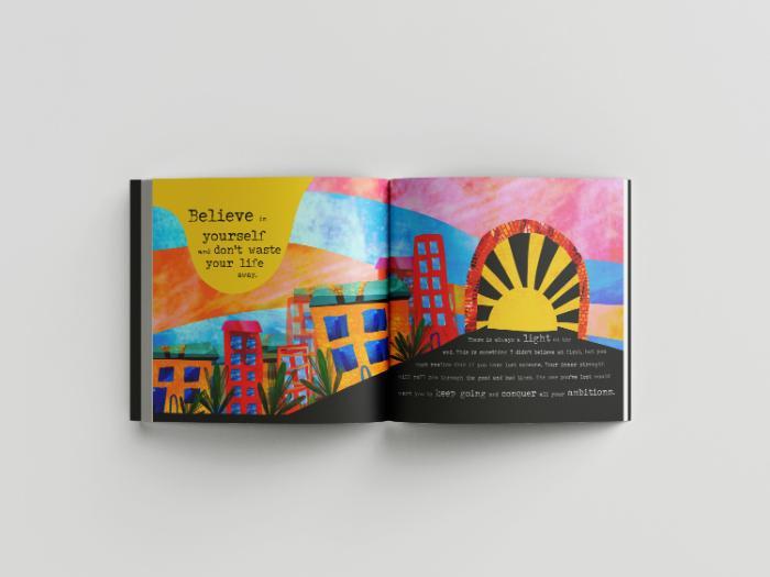 Two pages of Lucy Munt's book with colourful graphics, including a sunrise Two pages of Lucy Munt's book with colourful graphics, including a sunrise