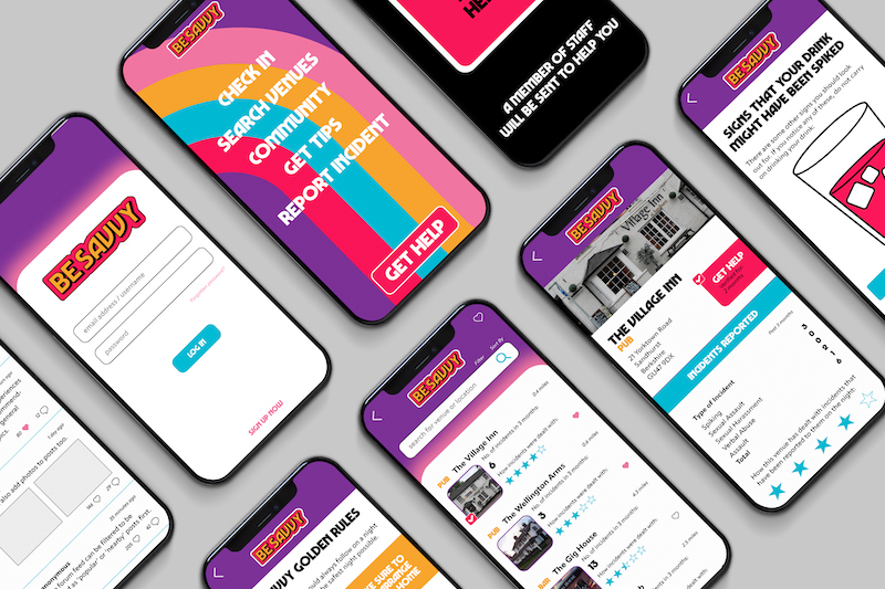 Image shows a range of concept images of the BeSavvy app, promoting safety on nights out Image shows a range of concept images of the BeSavvy app, promoting safety on nights out