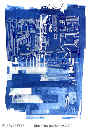 Cyanotype print of Rochester, part of the final major project of student Rue Webster Cyanotype print of Rochester, part of the final major project of student Rue Webster