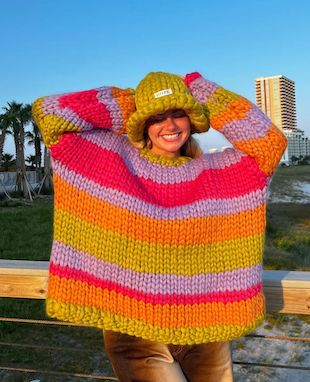 Image shows a model wearing colourful knitwear designed by Hope Macaulay Image shows a model wearing colourful knitwear designed by Hope Macaulay