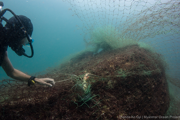 Diver in Myanmar surveying lost net on a reef. Photo © Thanda Ko Gyi Diver in Myanmar surveying lost net on a reef. Photo © Thanda Ko Gyi