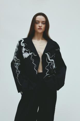 Model wears black embroidered tailoring Model wears black embroidered tailoring