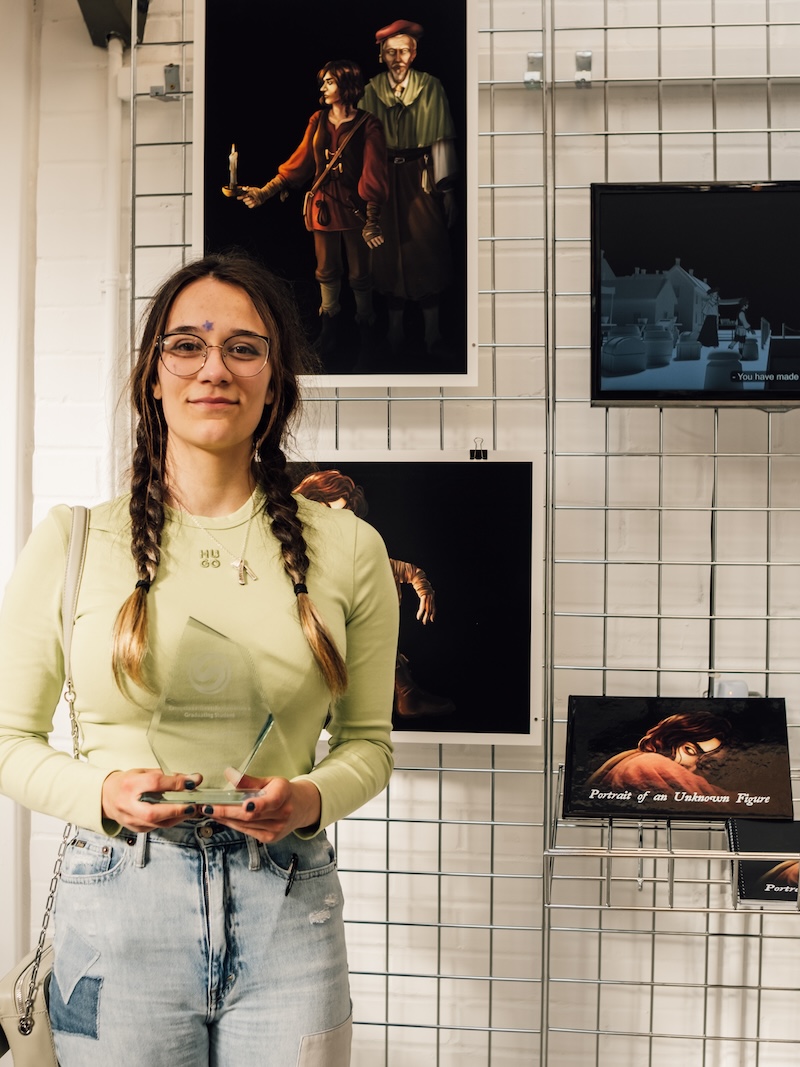 Ezzie Mate-Safar won Exceptional Contribution from a Graduating Student sponsored by Supermassive Games. UCA Farnham Grad Show 2025